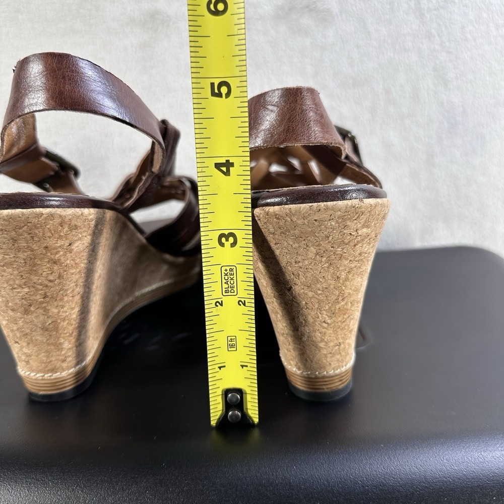 Clarks Indigo Brown Leather Cork Wedge Sandals Size 10 M Strappy Slingback - Picture 6 of 7